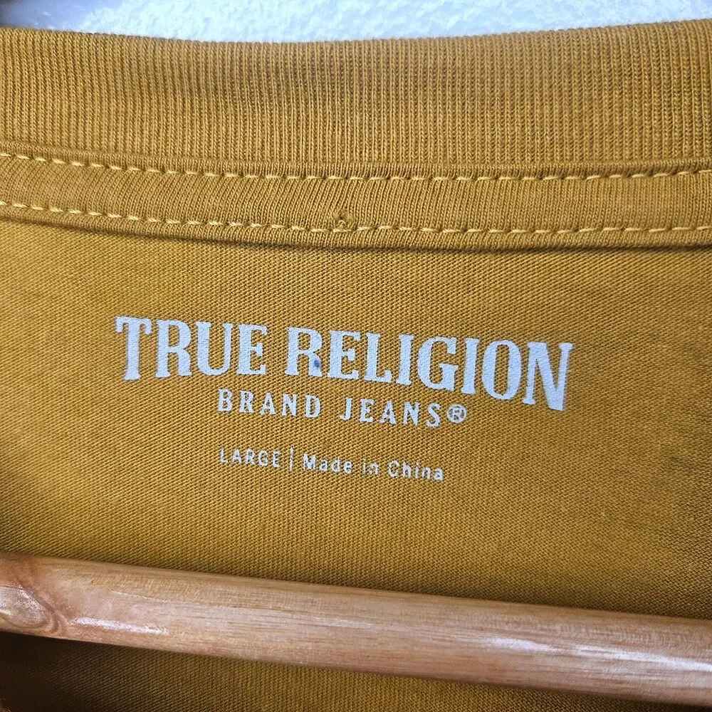 TRUE RELIGION Shirt Mens Large Gold Buddha Short Sleeve Graphic Tee Guitar Logo